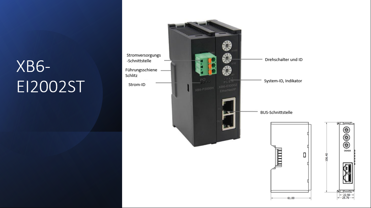 Solidot Buskoppler Ethernet/IP für XB6-Remote-I/O mit Netzteil und Abschlussdeckel Solidot Buskoppler Ethernet/IP für XB6-Remote-I/O mit Netzteil und Abschlussdeckel